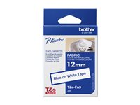 Brother TZe-FA3 - Tyg - lim - blått på vitt - Rulle (1,2 cm x 3 m) 1 kassett(er) påstrykningstejp - för P-Touch PT-E310; P-Touch Cube PT-P910; P-Touch Cube Plus PT-P710; P-Touch Cube Pro PT-P910 TZEFA3